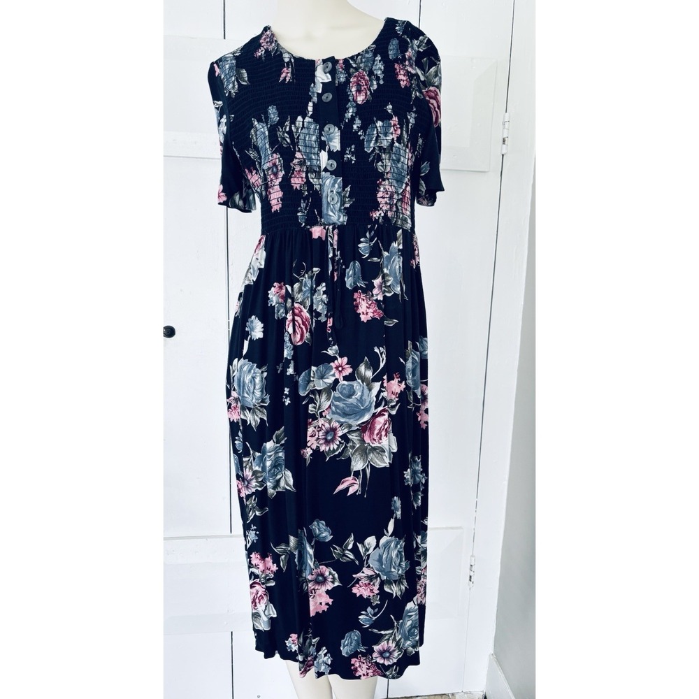 Vintage SL Petites Maxi Dress Short Sleeve Crinkle Rayon Dark Floral Sz 8